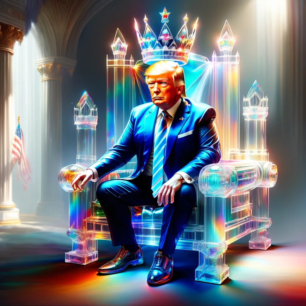hyper detailed masterpiece, dynamic realistic digital art, incredible quality,transparentes,Donald Trump, sitting on the throne wearing a crown united states flag DonMSp3ctr4lXL