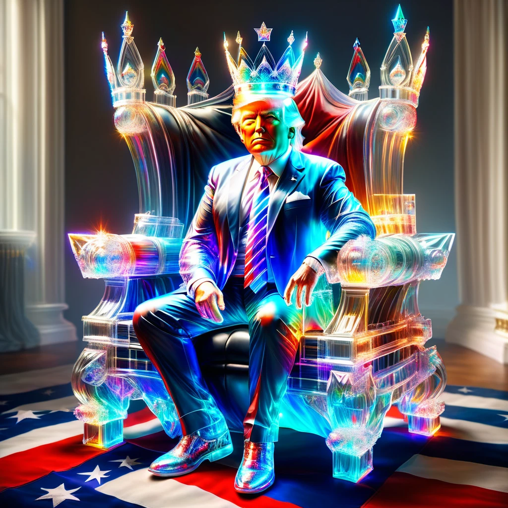 hyper detailed masterpiece, dynamic realistic digital art, incredible quality,transparentes,Donald Trump, sitting on the throne wearing a crown united states flag DonMSp3ctr4lXL