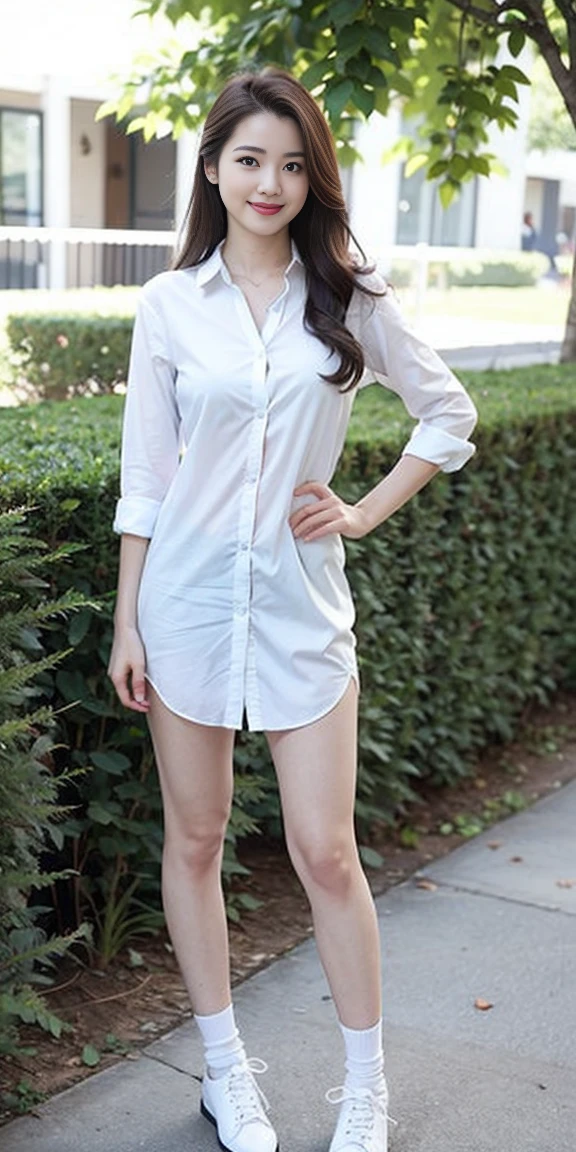 1girl, solo, long hair, looking at viewer, smile, brown hair, shirt, black hair, brown eyes,  full body, outdoors, shoes, day, collared shirt, lips, hand on hip, bare legs, dress shirt, white footwear, blue shirt, plant, sleeves rolled up, realistic, no socks
