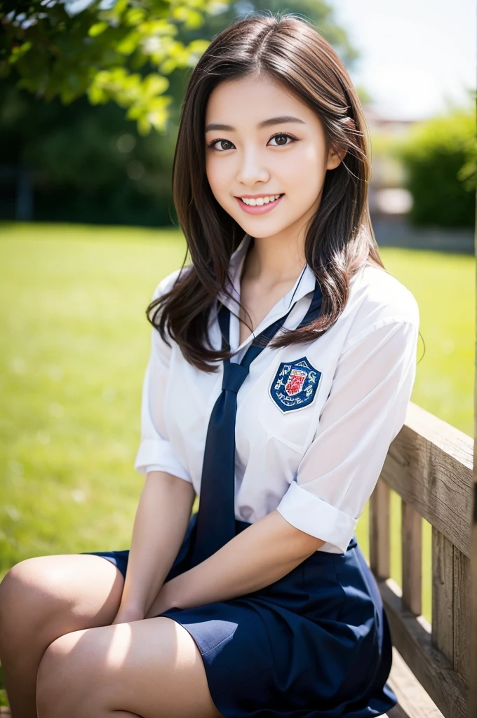 Pure young Japanese school girl, wearing summer uniforms, natural black hair styles, impressive big brown eyes, no makeup, thick eyebrows, pure smile, refreshing in summer sunlight, feeling soft breeze in hair, sitting, relaxed pose, sexual attractive, professional portrait photography, 
