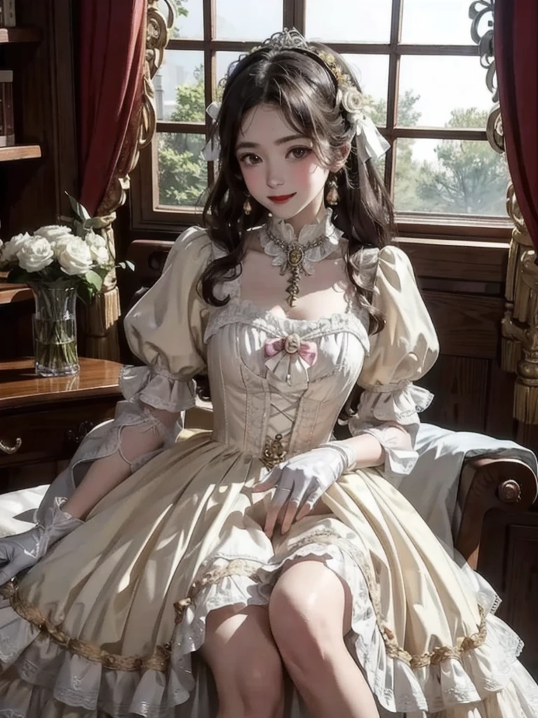 (1girl)wearing a skirt, best quality, looking at the audience,,colorful,light sweetlolita at bedroomgothic gothic interior, yellow dress fabric,  heart shape on cheek, blush pink makeup, gloves, smile, pastel color, ornate,