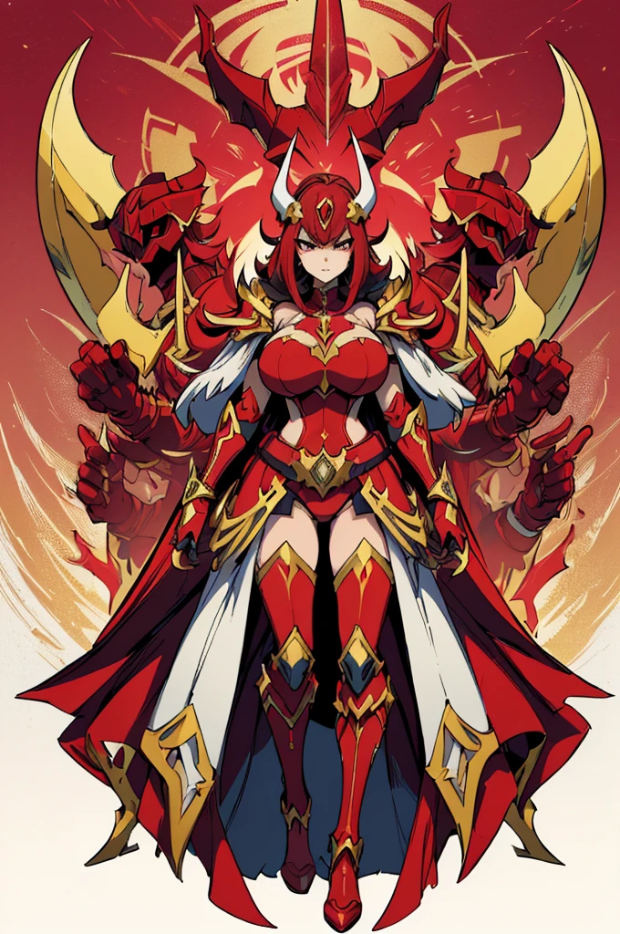 (masterpiece, best quality, high resolution, (pokemon style) ((huge breasts)) a woman, full body evil looking red sentai villainess armor, red and gold sentai helmet with horns,,golden mask, very long red cape, golden scythe with very amlvada red,,((white background,)), ((whole body standing)),