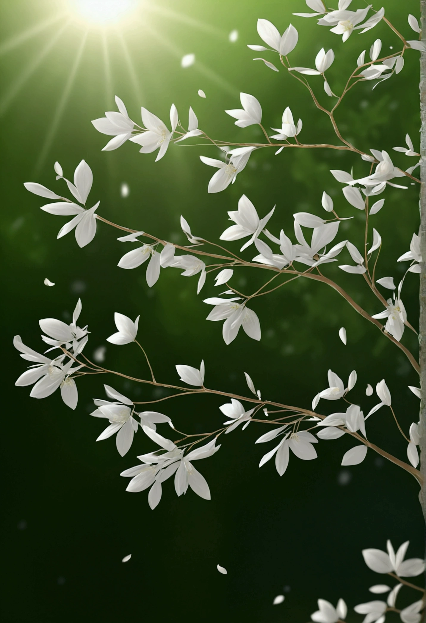 work of art, best qualityer, (very detailed CG 8k unity wallpaper) (best qualityer), (best illustration), (better shadows) naturey', delicate leaves, white petals falling in the air, tracking light, super detailed --v6