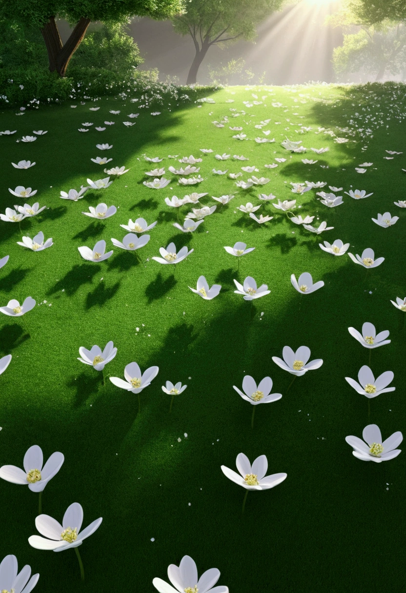 work of art, best qualityer, (very detailed CG 8k unity wallpaper) (best qualityer), (best illustration), (better shadows) naturey&#39, delicate leaves, white petals falling in the air, tracking light, super detailed --v6
