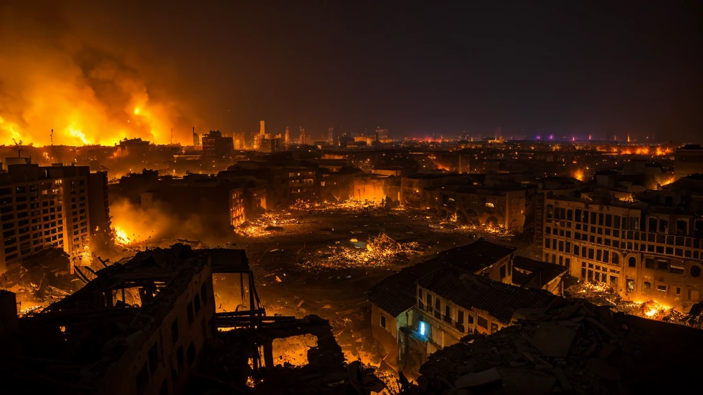up close scene of ancient town of ruins, on fire, city destroyed, dark, post apocalyptic, artistic, city ruins in background, dark purples, reds, yellows, lots of active fire, abandoned town, burning, night time, really close up, in fire,