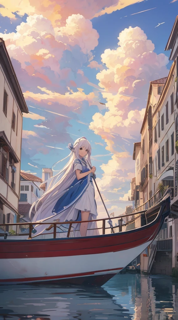 Best quality, wallpaper, Aria the animation, gondola , Vanis, white building background, blue water , white clouds in the background, fantasy style , pastel colors ,vivid
