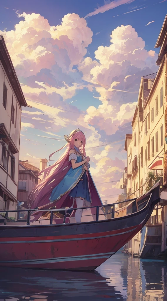 Best quality, wallpaper, Aria the animation, gondola , Vanis, white building background, blue water , white clouds in the background, fantasy style , pastel colors ,vivid