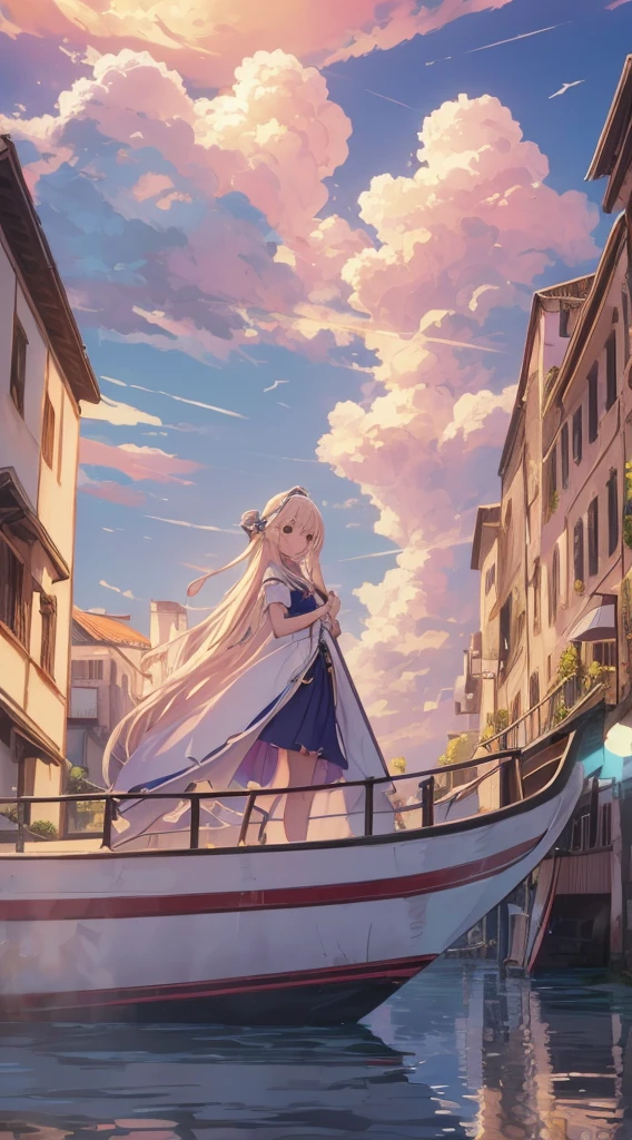 Best quality, wallpaper, Aria the animation, gondola , Vanis, white building background, blue water , white clouds in the background, fantasy style , pastel colors ,vivid