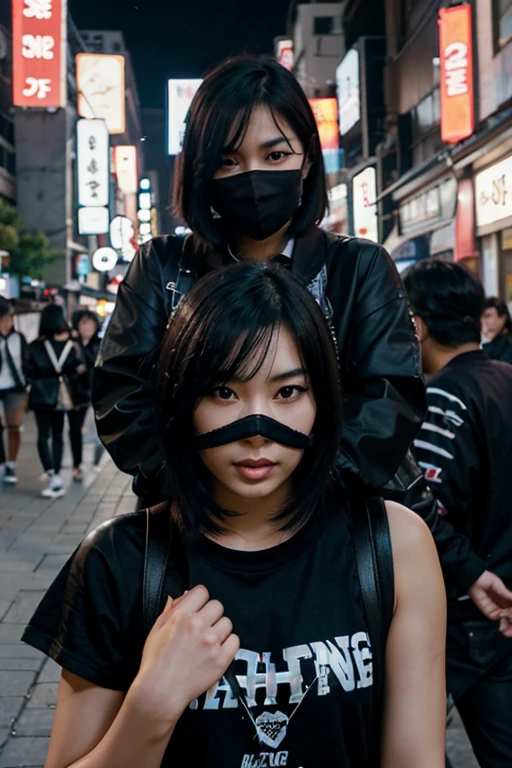 very pretty asian girl with short black hair and dressed in rockstar clothes and without a mask being thrown to the ground by two men with masks on a street in Seoul at night realistic and beautiful