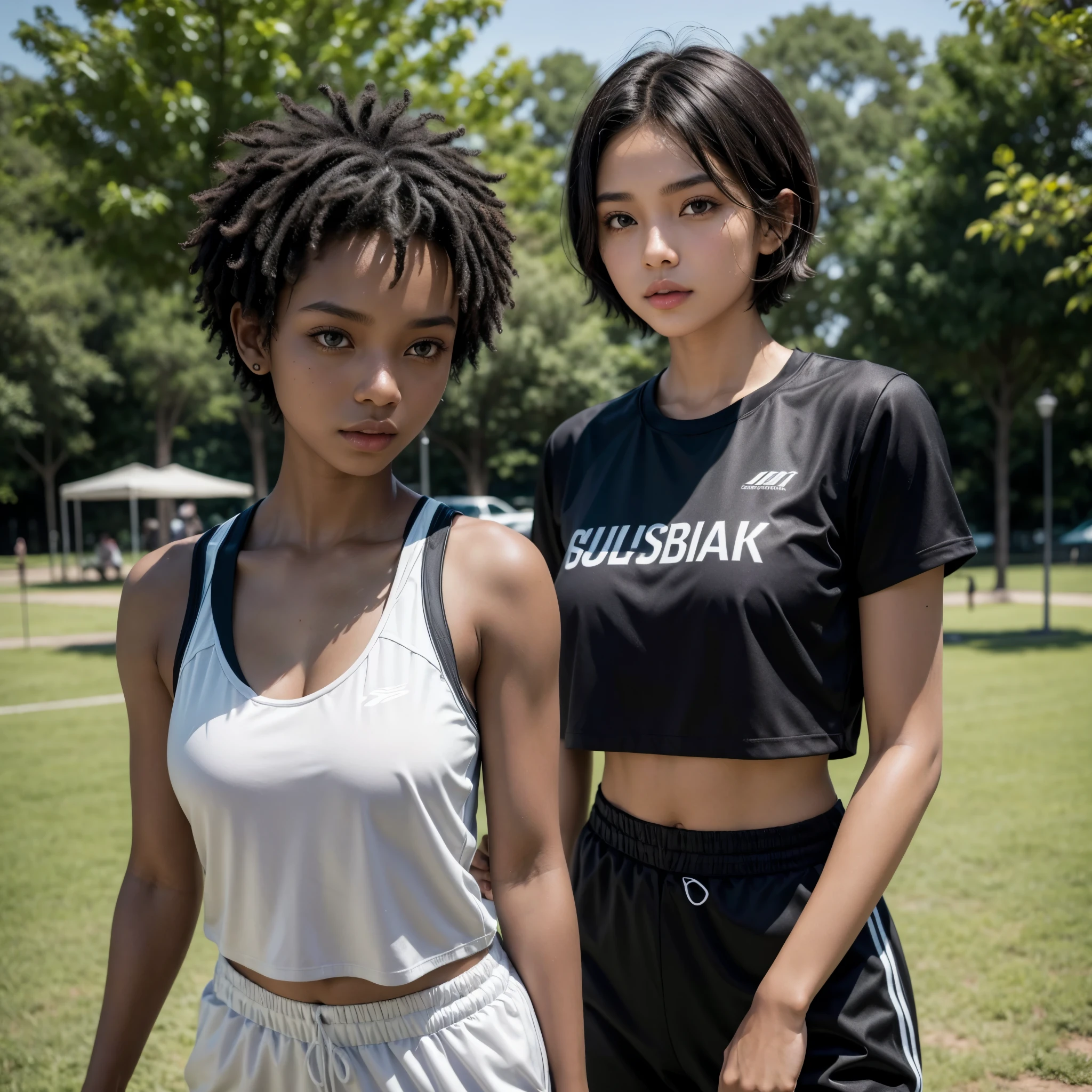 Short hair black woman ,dark skin color standing looking forward with sportswear set in a park