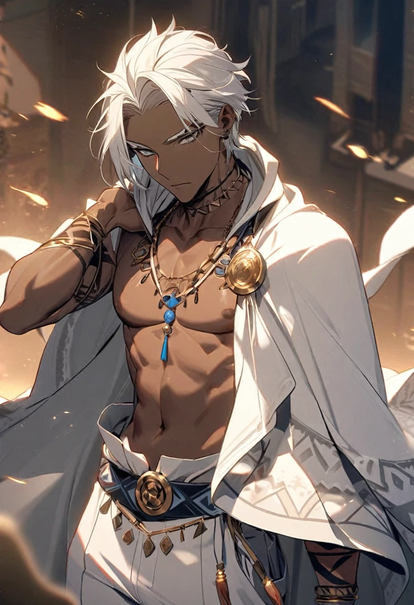 Handsome, solo, 1 male, African man,(((brown skin))), ((short wild true white hair)), gray eyes, no shirt, large shorts, tattoed indigo tribal, stylishly throwing the cape over the shoulder, ((white lion cloak)),