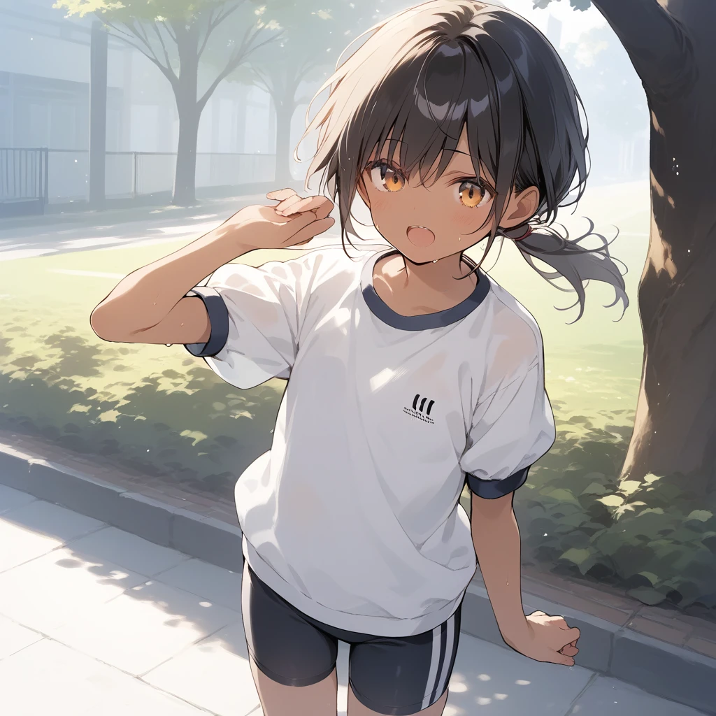 score_9, score_8_up, score_7_up, source_anime, best quality, masterpiece, official art, absurdres, highres, ultra-detailed,waifu2x,Collection: Slice of Life,break,1girl, tomboy, dark-skinned female, short hair, low ponytail, flat chest, beautiful detailed eyes, gym uniform, bike shorts, sweat, open mouth, (yawn:0.3), sleepily, outdoors, park, wind,break,(clear line illustration:1.2), super detailed skin,very high resolution, very aesthetic, Best sexual lighting powered by famous artist, 8k,cute picture,beauty illustration,photoshop_(medium),,(Detailed Lighting),best anime 8k konachan wallpaper, pixiv contest winner,