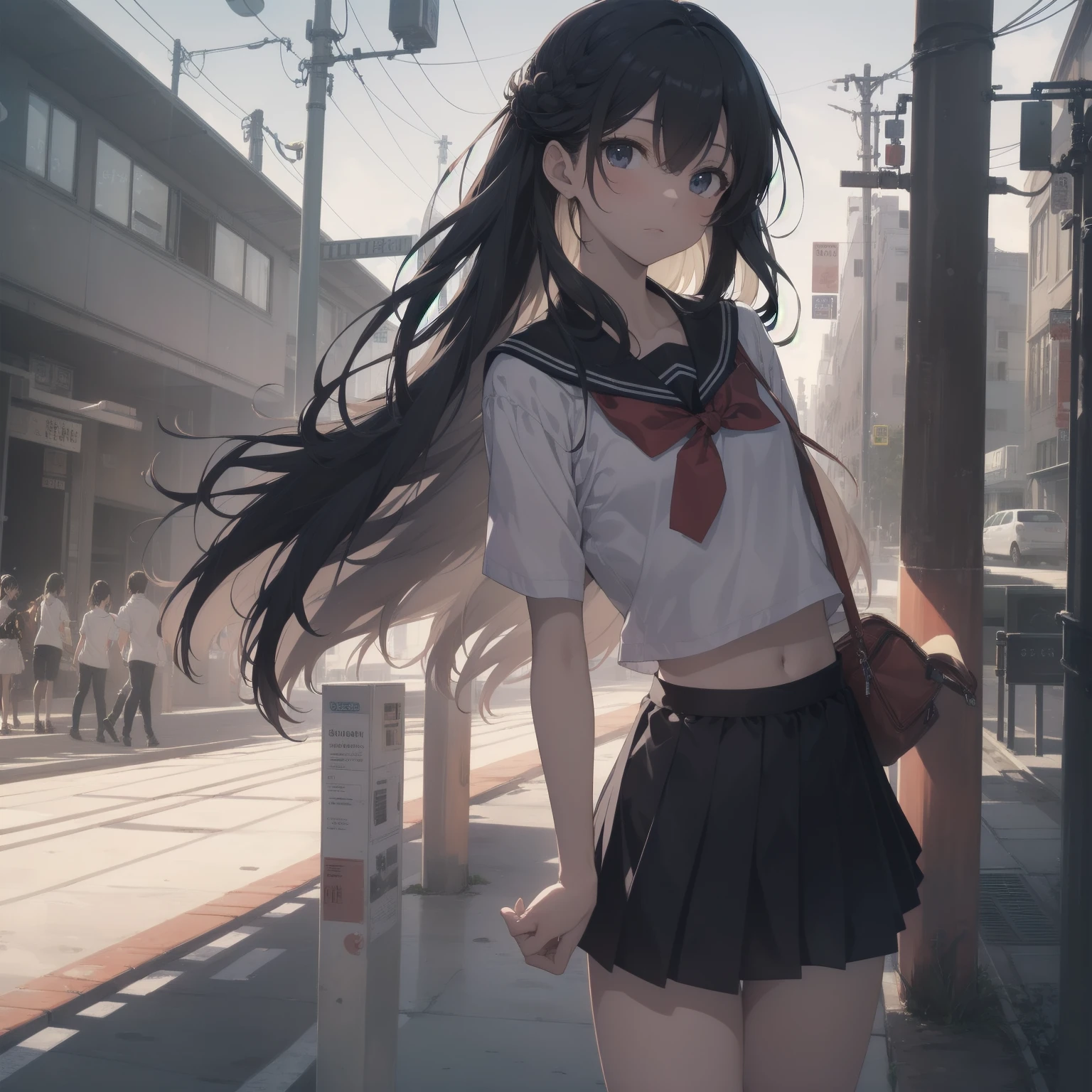 ultra-absurdres-Top quality by artist God, ultra-detailed, high resolution, anime moe artstyle, best anime 8k konachan wallpaper, pixiv contest winner, pool:2810, perfect anatomy,break, 1girl, (Please draw a girl walking sleepily to school alone. )break,(Solo,little female, 13-year-old:1.3),Full limbs, complete fingers,a junior high school student, (very short hair), short cut, flat chest, , small butt, small black eyes, beautiful detailed eyes, well-proportioned iris and pupils, expressive eyes, highres detailed hair, soft expression, salor school_uniform, sailor collar, serahuku, bow, pleated skirt,(Detailed Lighting), (Detailed background), in the School commute route. break,super detailed skin, Best cinematic lighting powered by famous artist, 8k,beauty illustration,photoshop_(medium),very aesthetic,break,((artist:kotorai )), artist:clamp ,artist:carnelian ,artist:kantoku ,