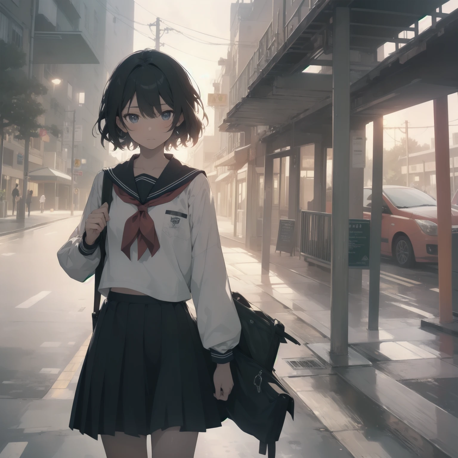 ultra-absurdres-Top quality by artist God, ultra-detailed, high resolution, anime moe artstyle, best anime 8k konachan wallpaper, pixiv contest winner, pool:2810, perfect anatomy,break, 1girl, (Please draw a girl walking sleepily to school alone. )break,(Solo,little female, 13-year-old:1.3),Full limbs, complete fingers,a junior high school student, (very short hair), short cut, flat chest, , small butt, small black eyes, beautiful detailed eyes, well-proportioned iris and pupils, expressive eyes, highres detailed hair, soft expression, salor school_uniform, sailor collar, serahuku, bow, pleated skirt,(Detailed Lighting), (Detailed background), in the School commute route. break,super detailed skin, Best cinematic lighting powered by famous artist, 8k,beauty illustration,photoshop_(medium),very aesthetic,break,((artist:kotorai )), artist:clamp ,artist:carnelian ,artist:kantoku ,