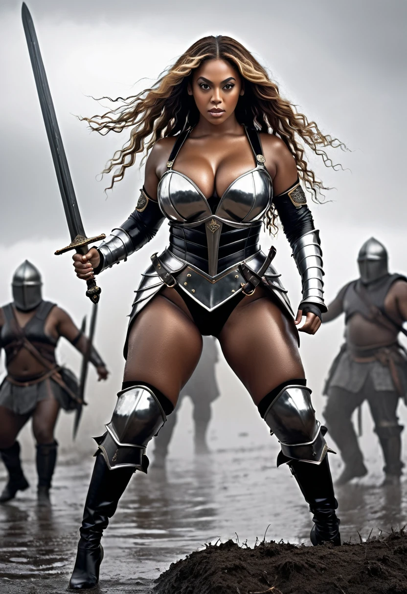 A woman dressed as a MEDIEVAL WARRIOR, Steel sword in hand, Concentrate on the front part, becomes a curvy physique, Beyonce in shape toned, thick, thick thieves, Beyonce in shape, fit woman, fitness model, muscular thicc thighs , Physical aptitude, thicc thighs! toned body, Giant tits, ebony skin tone, Long wavy hair, Giantess woman, Fine body, on battlefield, chuva pesada, fog, body soaking wet, cinematic: black andwhite, Excellent lighting