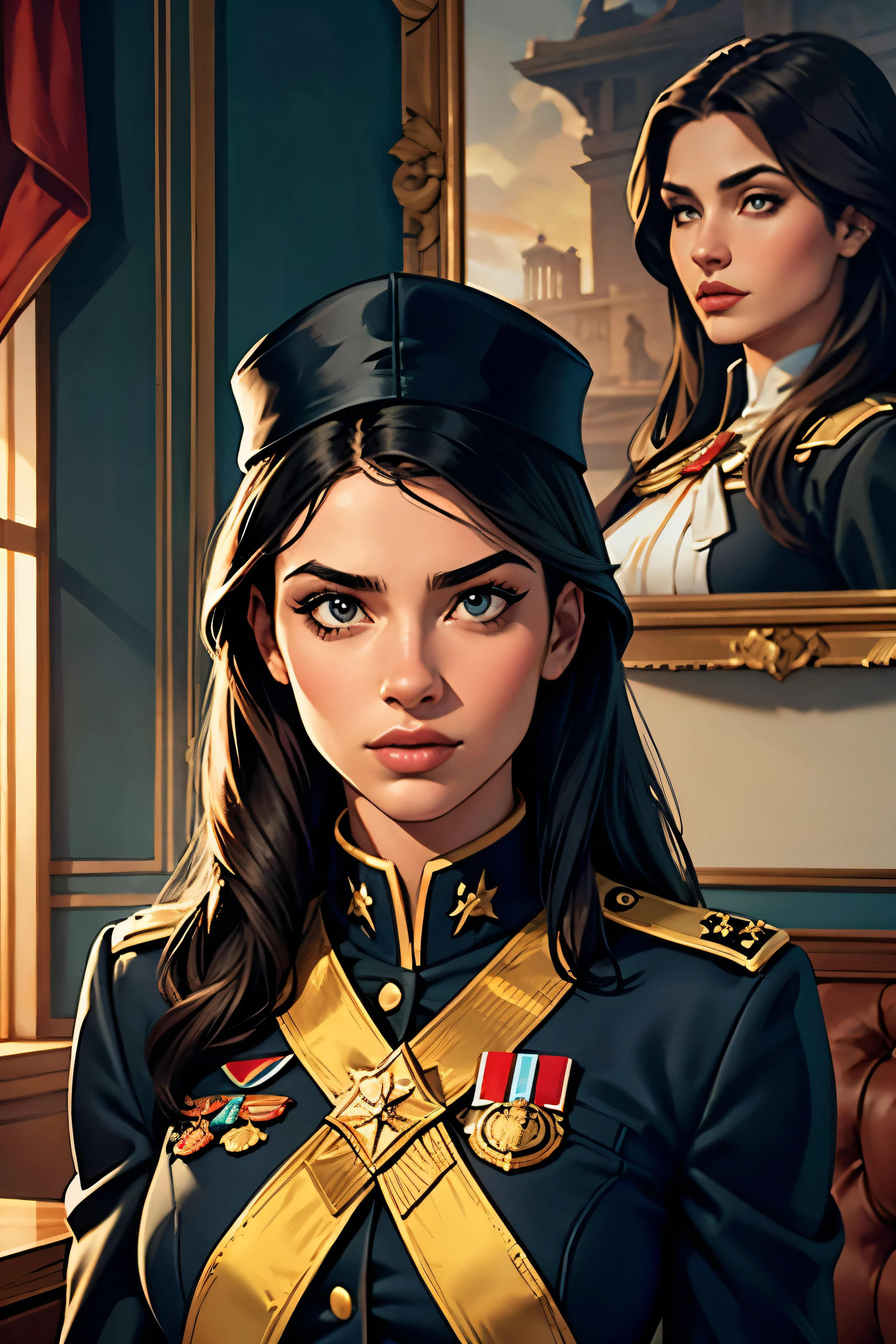 (higher resolution, distinct_imageio) best qualityer, Woman, work of art, high détail, semi-realistic, black short hair, Bblack hair, range, 21 years old, mellow, Youngh, black clothing, black uniform, Black cap, Military school beauty Heroic and heroic inner background exquisite and exquisite facial features