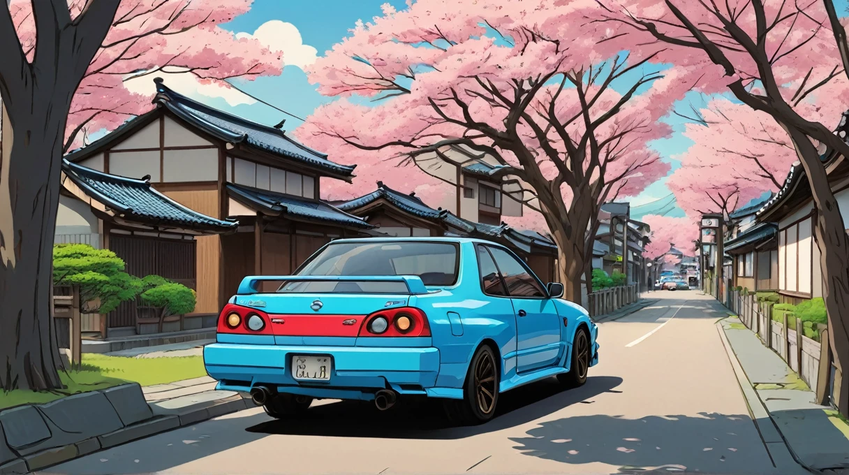 Nissan Skyline VIII azul (R32) driving through Japan village, Sakura Tree, rear view, simple anime style, 2d, celshading, lineart grosso, heavy black ink lines, posterized, plain color, celshading, Toonshading, cartoon rendering, flat shading, graphic novel style, minimal shading, flat shading, strong color shading