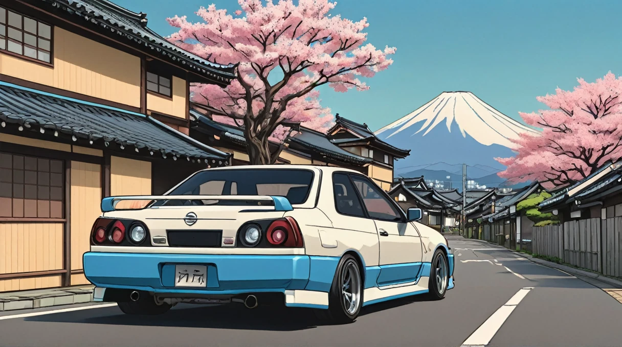 Nissan Skyline VIII azul (R32) driving through Japan village, Sakura Tree, rear view, simple anime style, 2d, celshading, lineart grosso, heavy black ink lines, posterized, plain color, celshading, Toonshading, cartoon rendering, flat shading, graphic novel style, minimal shading, flat shading, strong color shading
