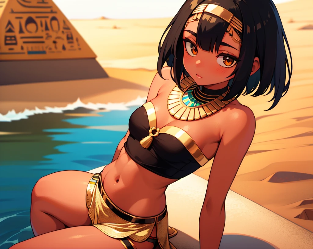 1girl, close to the camera, looking at the camera, tan skin, black bob hair, gold jewelry on her body, an Egyptian god, white loin cloth skirt, a white tube top