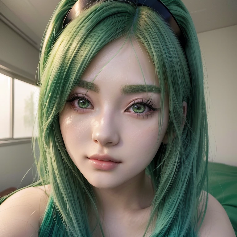 A close-up of a woman with green hair sitting on a bed, seductive anime girl, anime girl in real life, anime girl cosplay, japanese goddess, hyper realist anime, anime goddess, attractive anime girl, beautiful alluring anime woman, beautiful anime girl, anime girl, beautiful seductive anime teen, perfect android girl, realist anime, beautiful anime woman, anime woman