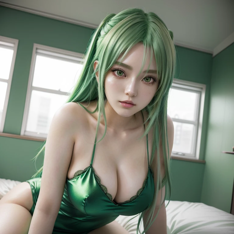 A close-up of a woman with green hair sitting on a bed, seductive anime girl, anime girl in real life, anime girl cosplay, japanese goddess, hyper realist anime, anime goddess, attractive anime girl, beautiful alluring anime woman, beautiful anime girl, anime girl, beautiful seductive anime teen, perfect android girl, realist anime, beautiful anime woman, anime woman