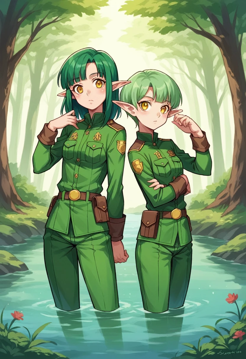 NSFW,2000s anime,korie riko style,pc adult ゲーム style,Young and adult woman,Elf,Two Girls,Green Hair,Golden Eyes,Green clothes,Druidic costume,Ranger Outfit,Small fabric area,in the forest,river,