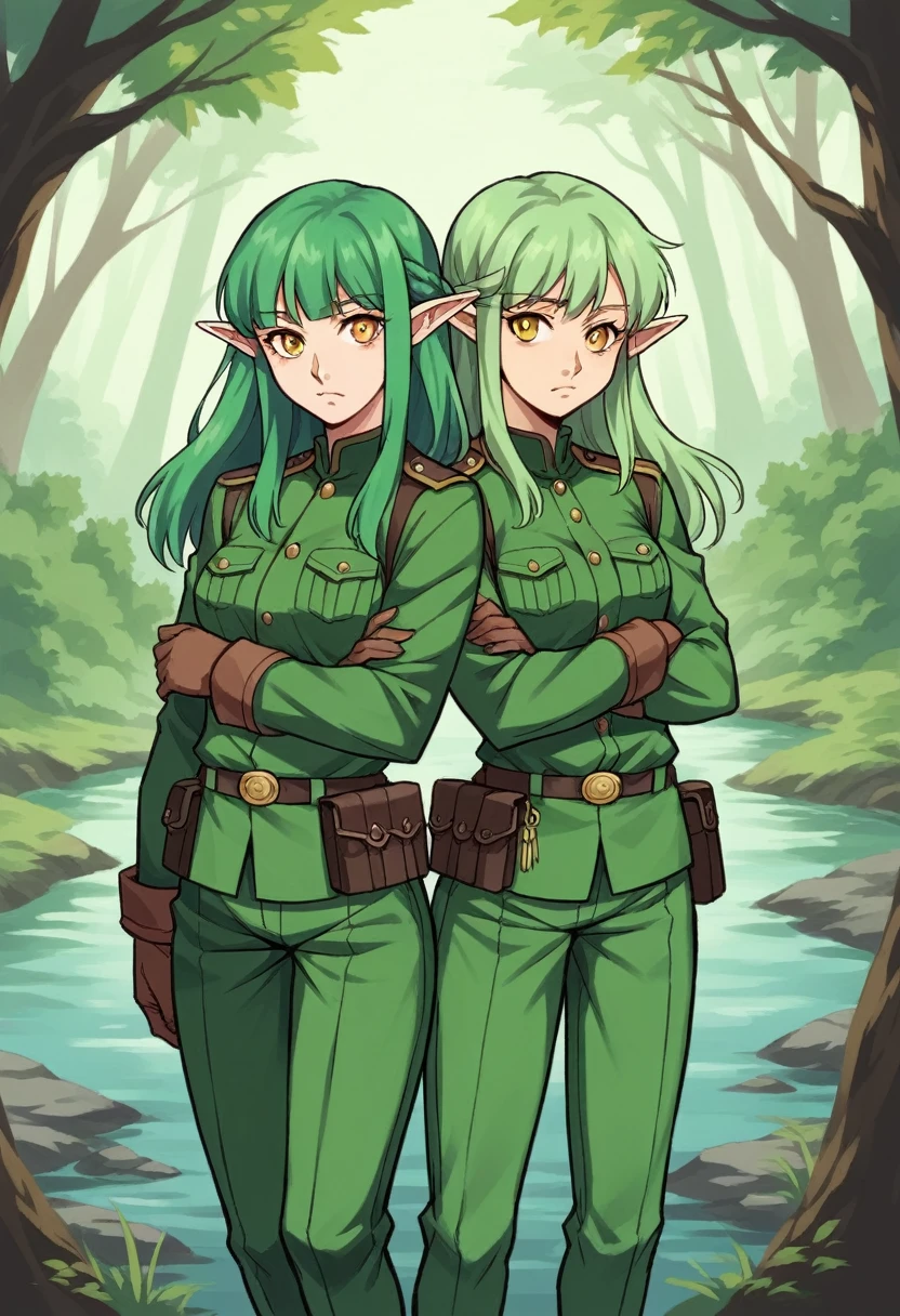 NSFW,2000s anime,korie riko style,pc adult ゲーム style,Young and adult woman,Elf,Two Girls,Green Hair,Golden Eyes,Green clothes,Druidic costume,Ranger Outfit,Small fabric area,in the forest,river,