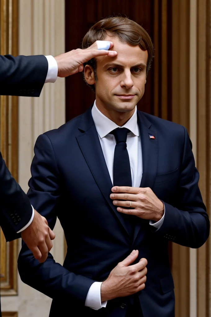 Emanuel Macron shakes the hand of a sad