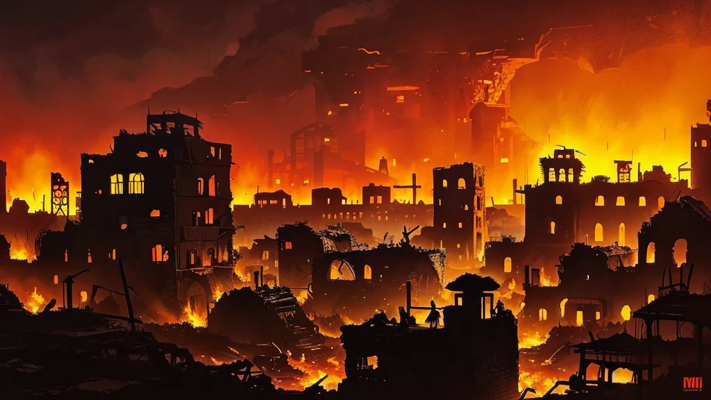 up close scene of ancient town of ruins, on fire, city destroyed, dark, post apocalyptic, artistic, city ruins in background, dark purples, reds, yellows, lots of active fire, abandoned town, burning, night time, really close up, in fire, gouache art style, painted, video game
