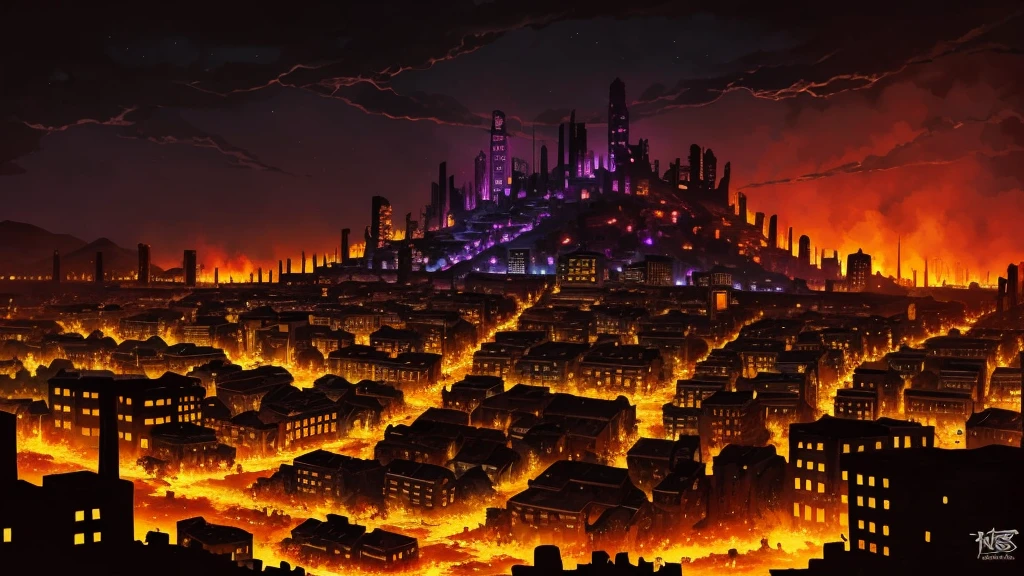 up close scene of ancient town of ruins, on fire, city destroyed, dark, post apocalyptic, artistic, city ruins in background, dark purples, reds, yellows, lots of active fire, abandoned town, burning, night time, really close up, in fire, gouache art style, painted, video game