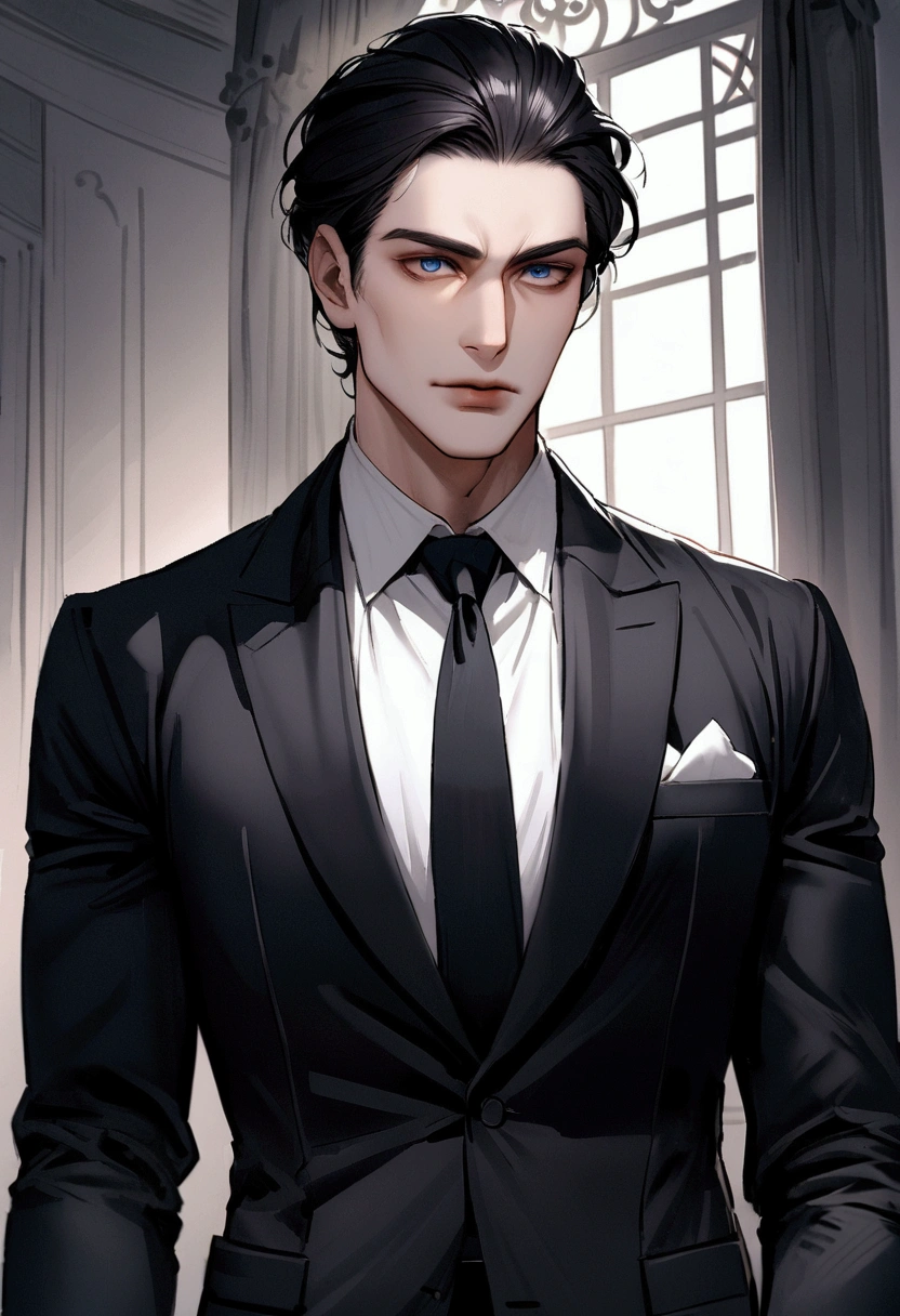 A Russian man with short black hair wearing a black three-piece suit，Masculine body，blue eyes，Sharp Eyes，