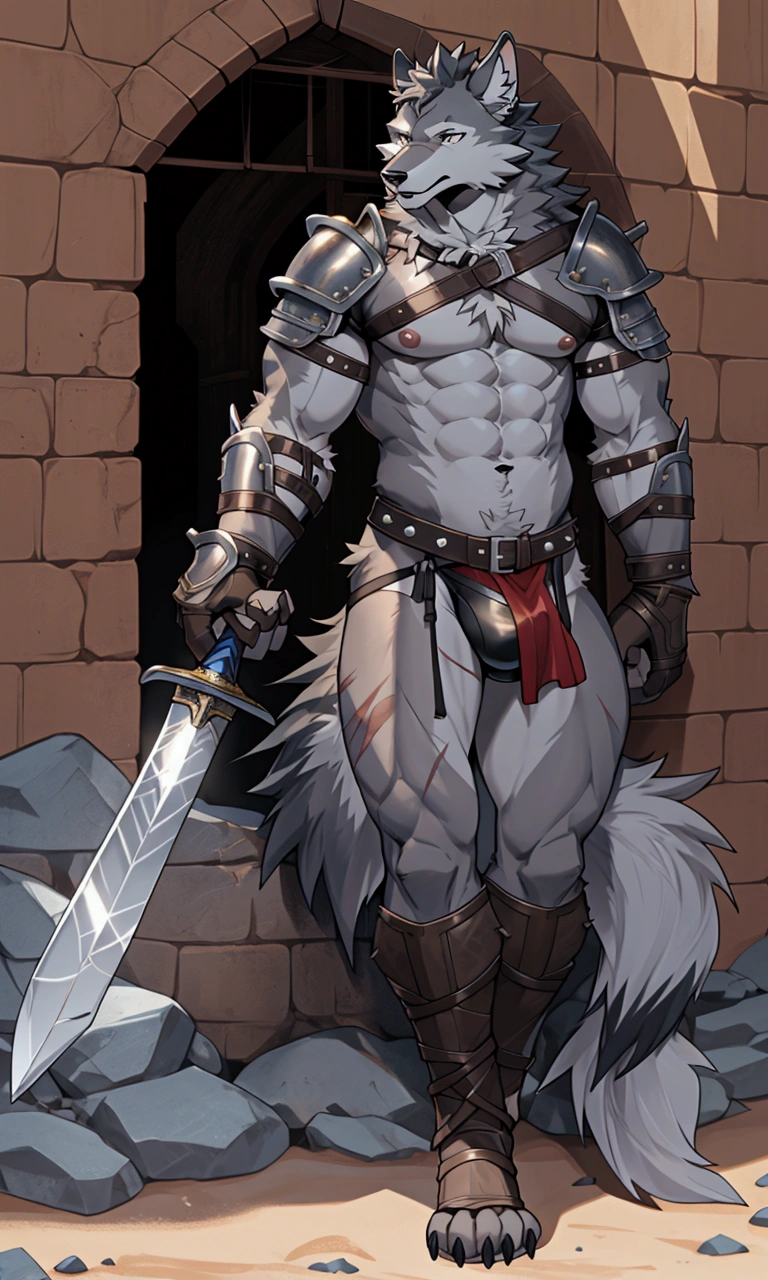 Solo Sexy young anthro furry wolf male mercenary medieval solider, slim endomorph muscular, anthro handsome gay shorter muzzle, handsome gay model male apperance, sword scars, worn out leather skimpy armament, low on hips heavy leather belt, old very worn out skimpy dirty linen material jockstrap, old yellow dirty worn out stains on white sawn jockstrap, very visible "x" brown seam pattern on the jockstrap, studded skimpy armlets breastplate armor, skimpy breastplate, leather bondages, fingerless leather gloves, smelly unwashed furr, dirty body look, desert battlefield, standing in sexy fighting position, close view of full character, blooded furr, blooded sword