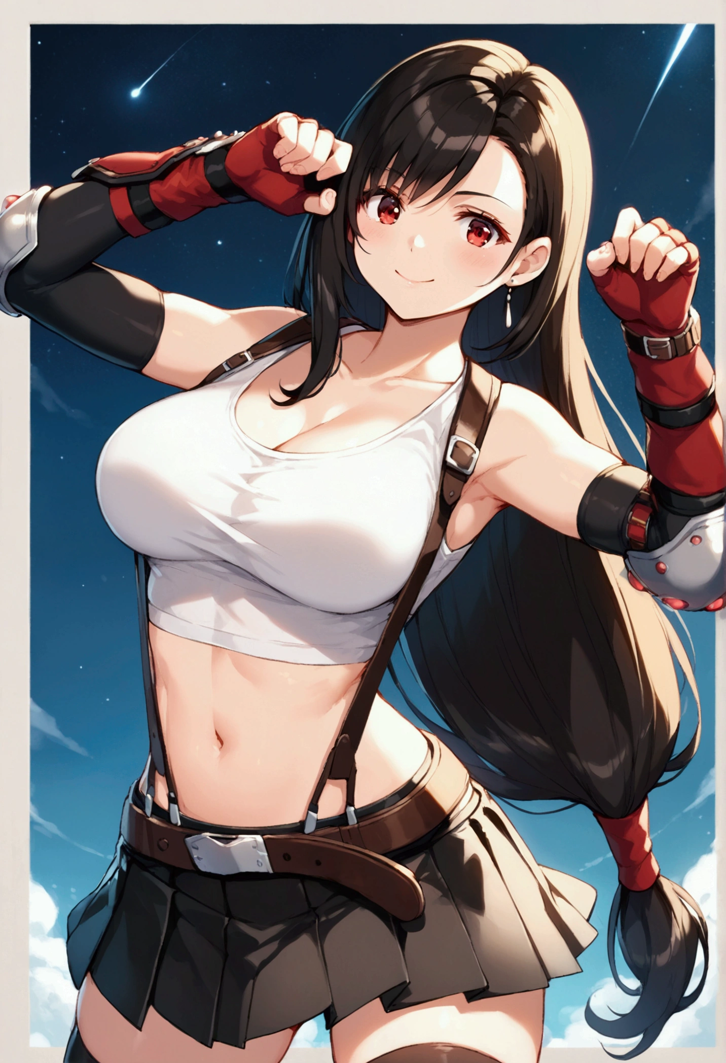 (score_9,score_8_up,score_7_up), masterpiece, best quality,
newest, recent, perfect anatomy,
official art, best perspective, depth of field,,
very aesthetic, illustration,((Guts pose)),side pose,dynamicangle ,(upperbody) ,Solo,1girl, tifa lockhart, final fantasy,black hair, low-tied long hair, red eyes, bangs, (white tank top,gap),(High exposure,Belly exposure,the ribs),(belt, pleated skirt, thighhighs, elbow fingerless gloves, elbow pads, midriff, navel,suspenders.skirt),beautiful waist ,(large_breast:1.3),light smile,,,outdoor,star sky,night,