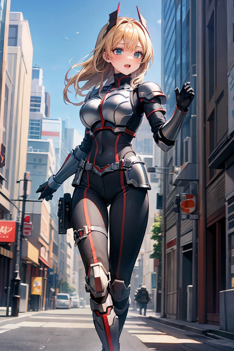 masterpiece), ((Highest quality)), (masterpiece,Highest quality,Official Art,Highly detailed CG Unity 8k wallpaper), Big Breasts、a girl in powered armor, raise both hands, full armor, powered leg, battle armor, shoulder armor, leg booster, battle between buildings in the city, light effect, robot wing, standing, blush, embarrassed, open mouth, dynamic angle, masterpiece, アニメ, highly detailed, high quality,