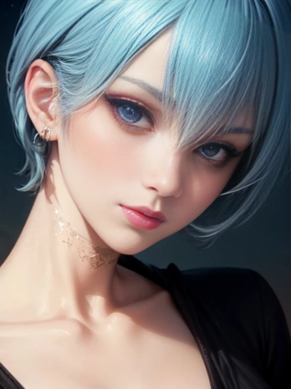 Depth of bounds written, detailed eye, ((CG illustration)), ((face focus)), ((masterpiece)), ((8K)), ((super detailed)), ((Super high quality)), ((cinematic)), ((Photoreal)), ((close up shot)), (solo), (cool girl), very long hair, straight hair, (((thin body))), Glossy skin, ((look away)), (Beautiful goth girl with high cheeks and legs), Gothic makeup, clear eyes, lipstick, dark eye shadow, ((No bra)), choker, earrings, provoke, night, ((full moon)), ((Functional)), Lonely, Visual kei, ((pastel colour)), Unwound clothes, forget, kiss, White Knight, dark, silence