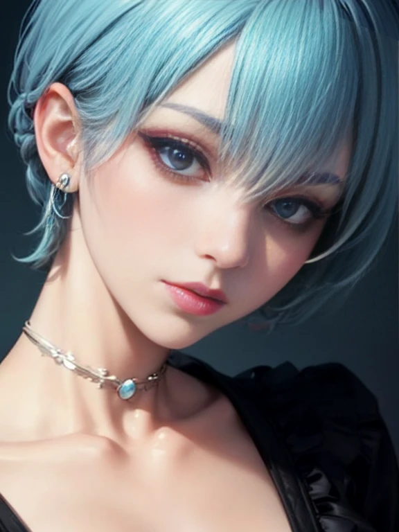 Depth of bounds written, detailed eye, ((CG illustration)), ((face focus)), ((masterpiece)), ((8K)), ((super detailed)), ((Super high quality)), ((cinematic)), ((Photoreal)), ((close up shot)), (solo), (cool girl), very long hair, straight hair, (((thin body))), Glossy skin, ((look away)), (Beautiful goth girl with high cheeks and legs), Gothic makeup, clear eyes, lipstick, dark eye shadow, ((No bra)), choker, earrings, provoke, night, ((full moon)), ((Functional)), Lonely, Visual kei, ((pastel colour)), Unwound clothes, forget, kiss, White Knight, dark, silence