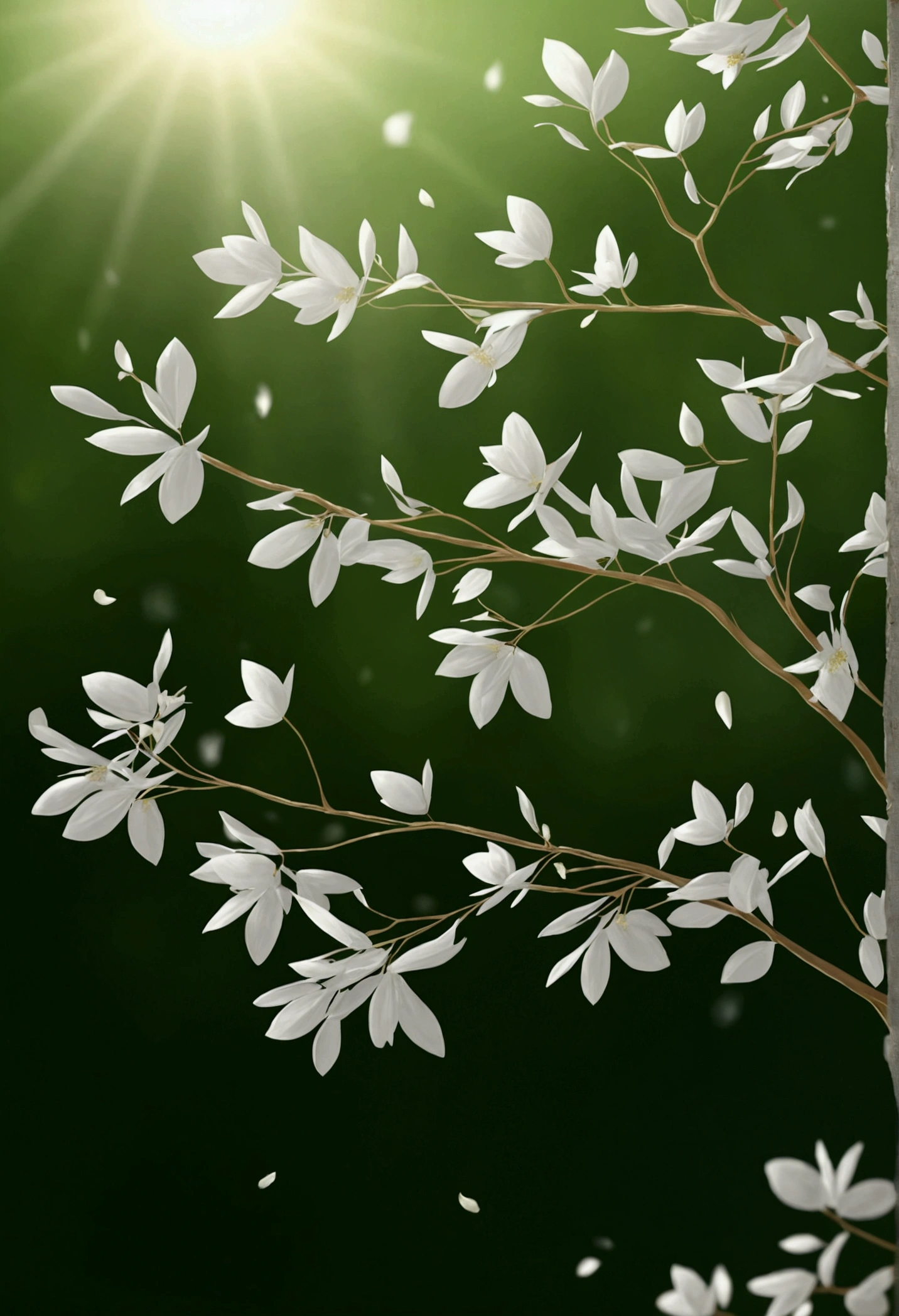 work of art, best qualityer, (very detailed CG 8k unity wallpaper) (best qualityer), (best illustration), (better shadows) naturey', delicate leaves, white petals falling in the air, tracking light, super detailed --v6