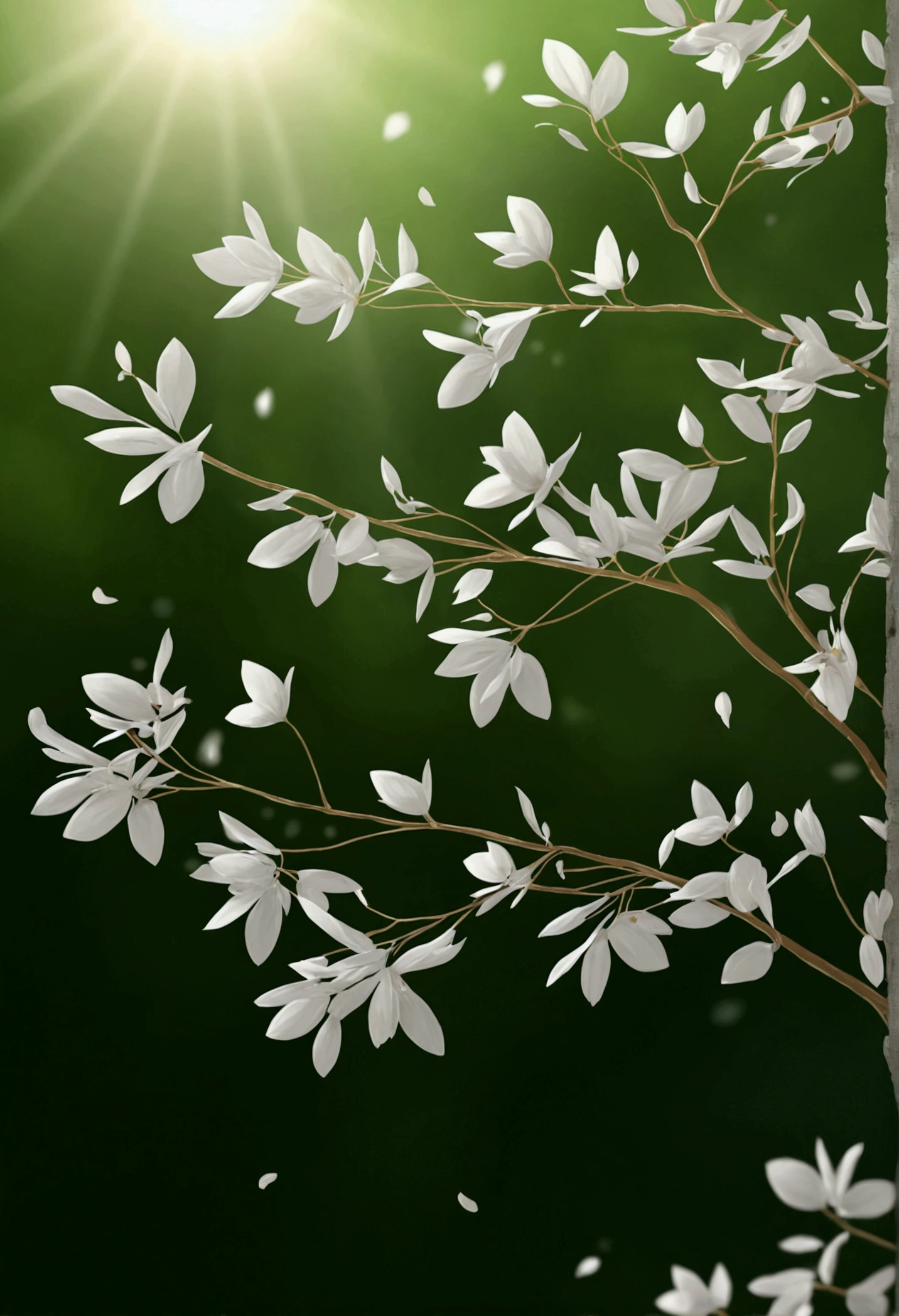 work of art, best qualityer, (very detailed CG 8k unity wallpaper) (best qualityer), (best illustration), (better shadows) naturey&#39, delicate leaves, white petals falling in the air, tracking light, super detailed --v6
