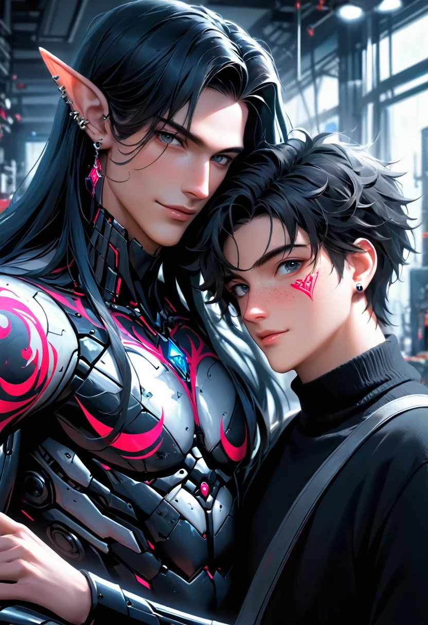2 guys ethereal demonic 25 year old anime guy male druids, with metallic long hair, delicate masterpieceintimate delicate etched glowing neon tattoos, Fabulous full view painting of a winking beautiful and gorgeous elf ((male)) almostkissing, perfect face, blue/black pastel eyes, long white/black wisp hair, freckles, piercings and tattoo foil print neonbody art, laboratory experiment, perfect anatomy, centered, almost perfect, dynamic, very detailed, glowing, artstation, concept art, soft and sharp focus, art by Carne Griffiths and Wadim Kashin, airbrush graffiti techniques, high-definition accent lighting, epic, elven atmosphere, contrasted with vibrant paint colors., futuristic cyborg in the year 2950,