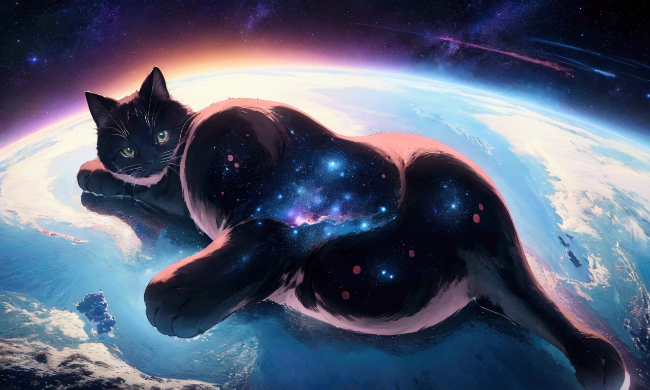 score_9,(best quality,4k,8k,highres,masterpiece:1.2),space,globe,a gigantic cat lying on the north pole, stars, cinematic angle, anime, ultra-detailed,vivid colors,