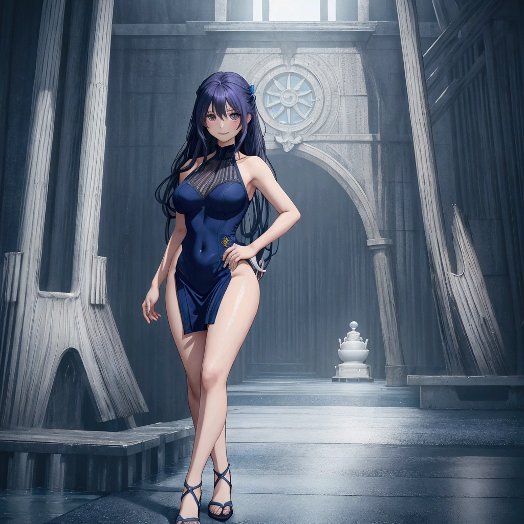 Please draw a full body of a woman.。Similar to Violet Evergarden from the anime、Smooth skin、RAW images、High definition、High resolution、high resolution、Full Body、Toes、Tube top bra、Satin long skirt、Perfect fingertips、Perfect legs先、Perfect legs、Perfect Face、Detailed face、smile、Navy one-piece dress、Sandals、Seaside、juice、Water's Edge、Standing pose、