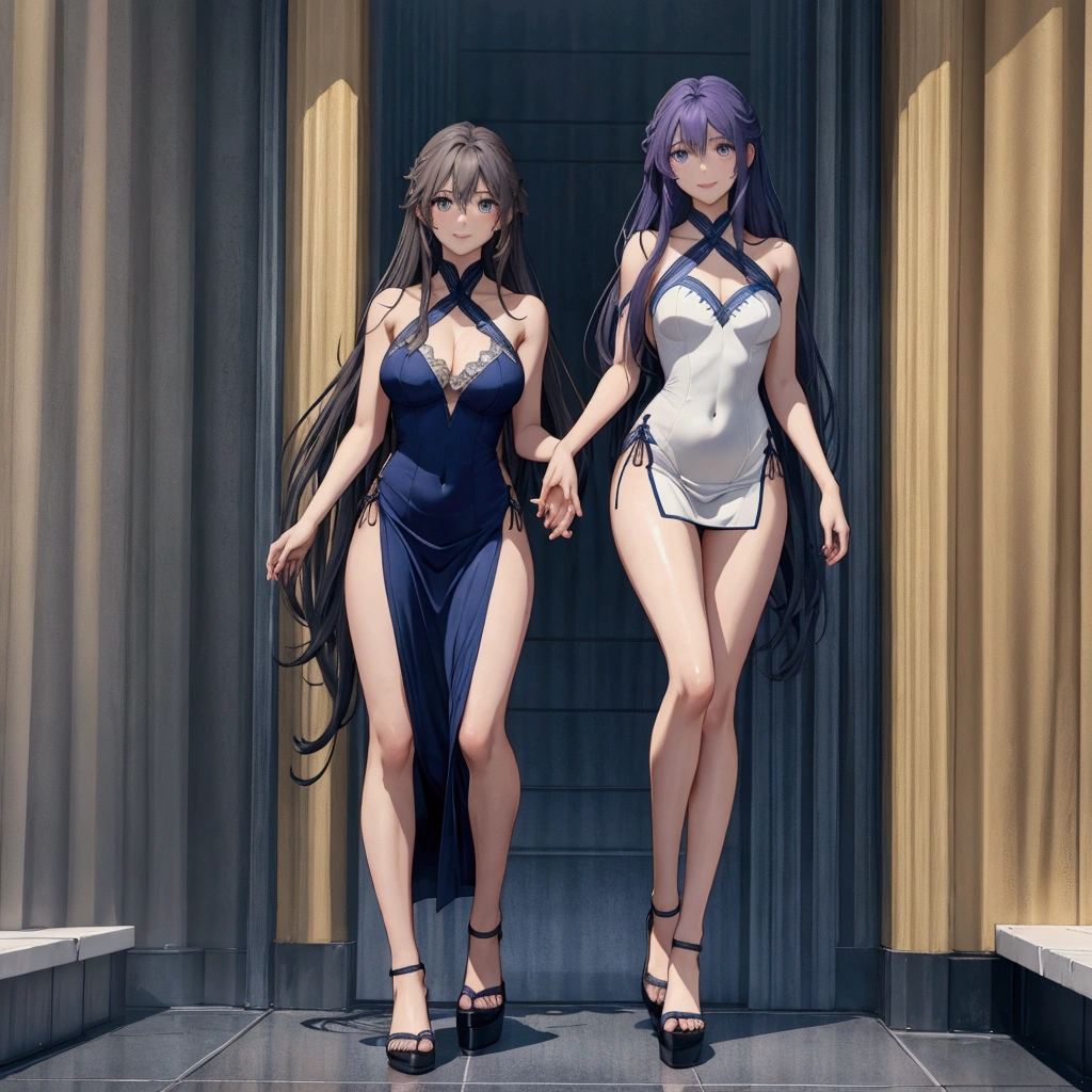 Please draw a full body of a woman.。Similar to Violet Evergarden from the anime、Smooth skin、RAW images、High definition、High resolution、high resolution、Full Body、Toes、Perfect fingertips、Perfect legs先、Perfect legs、Perfect Face、Detailed face、smile、Navy one-piece dress、White sandals、Popular Fashion、Seaside、juice、Water's Edge、Standing pose