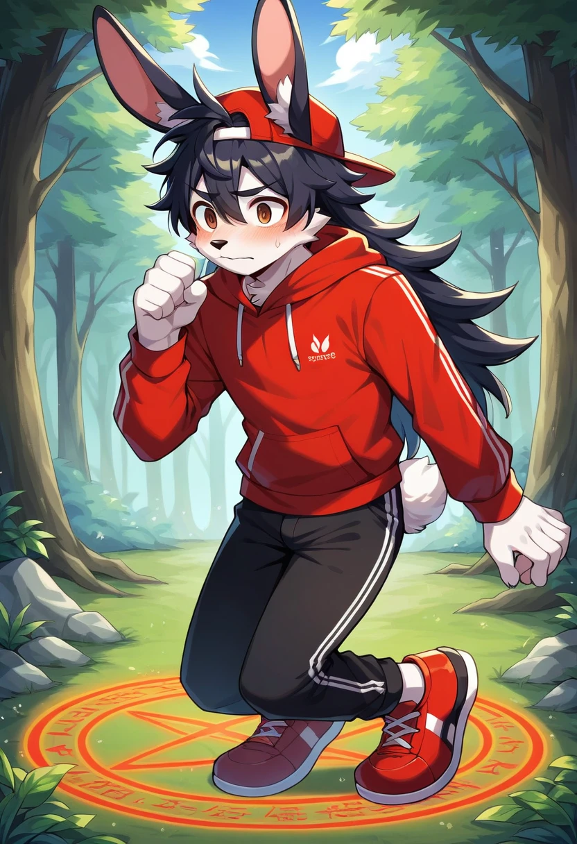 masterpiece, best quality, expressive eyes, perfect face, a man get transformed into a furry bunny, furry bunny, white fur, bunny tail, bunny ears, solo, surpriced, blushed, black hair, long hair, red baseball cap, black shirt, red hoodie, black sports pants, red sport shoes, brown eyes, full body, in a magic forest, glitter, embarrassed pose, magic circle on the floor.