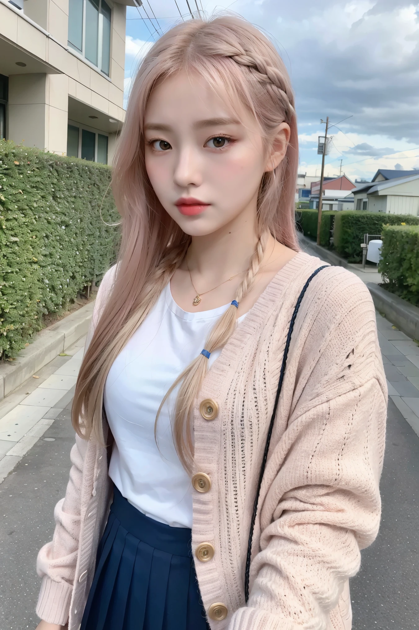 RAW Photos,(8k)、(Highest quality:1.2)、(Realistic)、(Realistic:1.37)、Ultra-high resolution、Selfieしてるschool uniformの女子高生の写真、Selfie、(school uniform)、(1 female、Half Korean and half Ukrainian、80% Korean、、(Light pink hair that is almost blonde 1.4))、Wearing a 、Braiding hair、A young woman wearing a cardigan walks down a suburban street。She has a bright and attractive look。In the background are houses and utility poles.、The slightly cloudy sky creates a soft and calm atmosphere.。