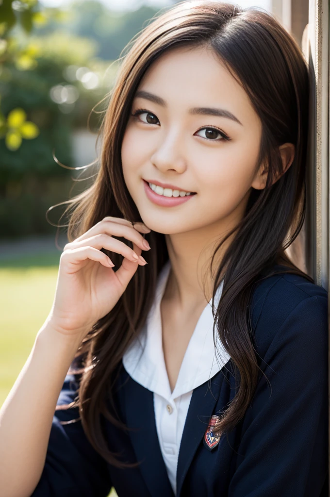 Japanese schoolgirl),((Beautiful girl)),cleavage,the expression imagining what feels good:1.2,(perfect body beauty:1.2),((perfect body)),(shy smile),beautiful teeth,