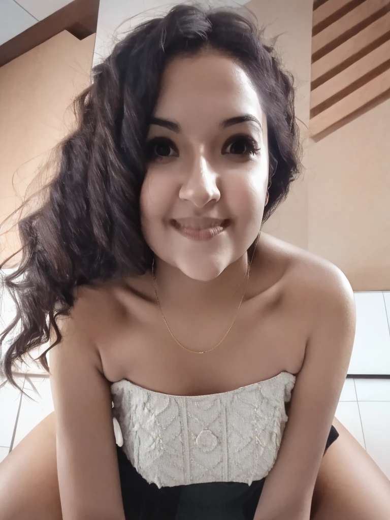 (From a birds-eye, above perspective), 1girl, high quality, high resolution, 4k, thin, 25 year old, solo, June, JuReis, wearing cute top, eyes looking up, looking up at viewer, pursed lips, realistic, nose, flirting with camera, kneeling in a fitting room, looking seductively at viewer