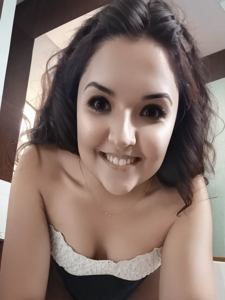 (From a birds-eye, above perspective), 1girl, high quality, high resolution, 4k, thin, 25 year old, solo, June, JuReis, wearing cute top, eyes looking up, looking up at viewer, pursed lips, realistic, nose, flirting with camera, kneeling in a fitting room, looking seductively at viewer