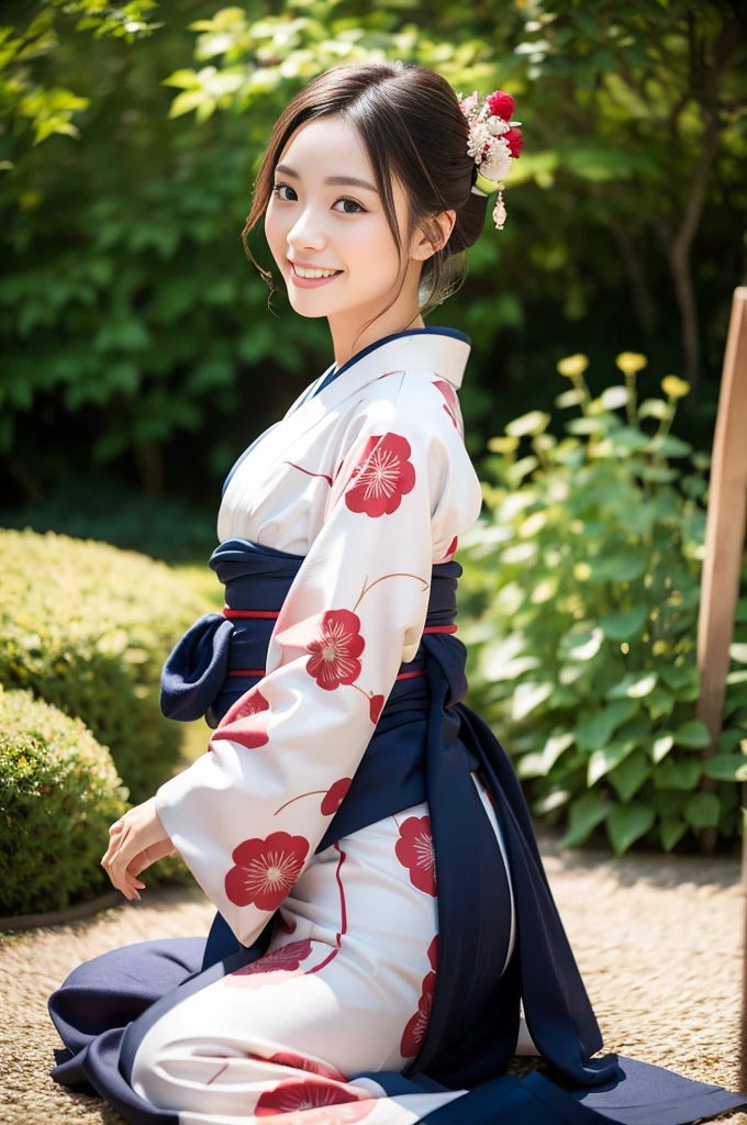 (wearing only FURISODE), Best-quality, Masterpiece, Ultra-High-Resolution, (Photorealistic:1.4), Raw-Photo, at Japanese-shrine, from below, 1girl, solo, 20-years-old, the most famous Japanese idol, (extremely cute face, ((extremely cute big-black-eyes)), extremely cute hairstyle, extremely beautiful and extremely realistic skins, extremely cute eyelashes, extremely cute lips), (upturned ass that wearing FURISODE), fullbody-shot, innocent-smile, dynamic-pose, (detailed FURISODE)