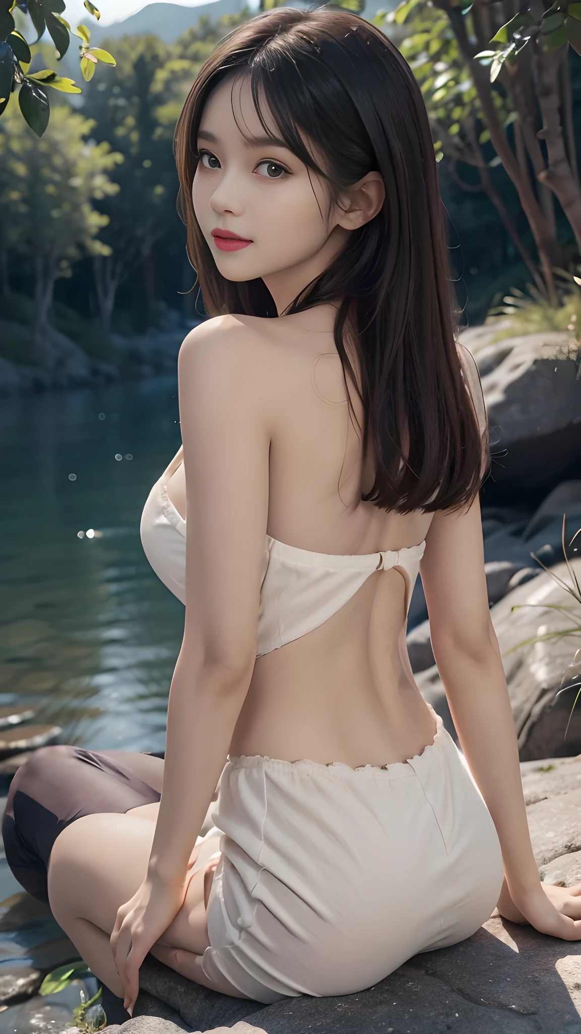 ((1girl)), in naked, instant camera flash, pose at seaside cave, makeup with glossy lip, small breasts, (girl in the Cave:1.4), various angle, ((faced focus)), 22 years old, Beautiful Korean Girl, back bend over pose, (nsfw:1.4), realistic light, realistic skin tone, happy