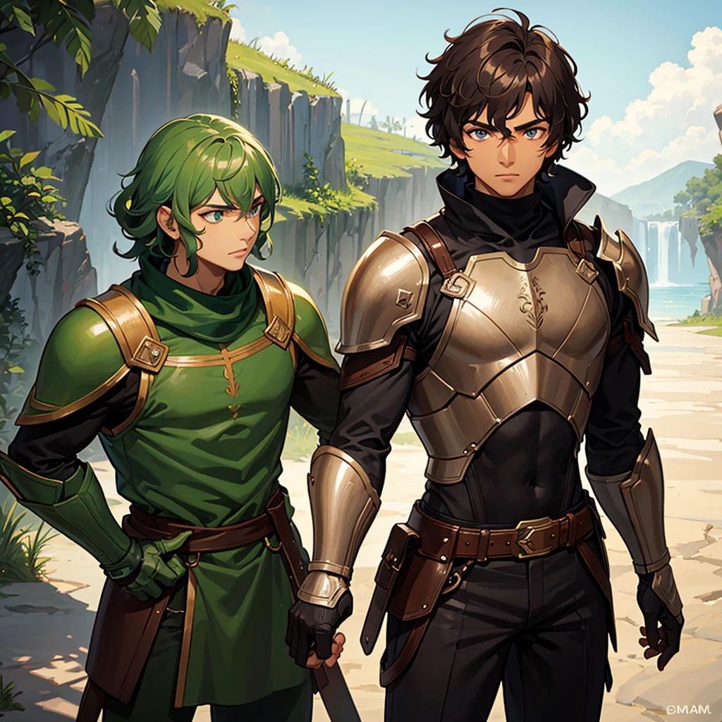 make a brown man, with short and curly hair, wearing armor, green-eyed